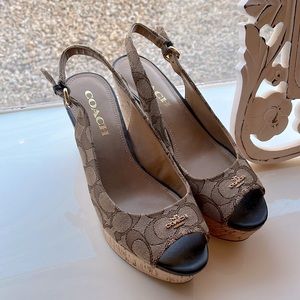 Coach Tan and Brown Ferry Signature Fabric Slingback Wedge Platform Shoes 6.5B